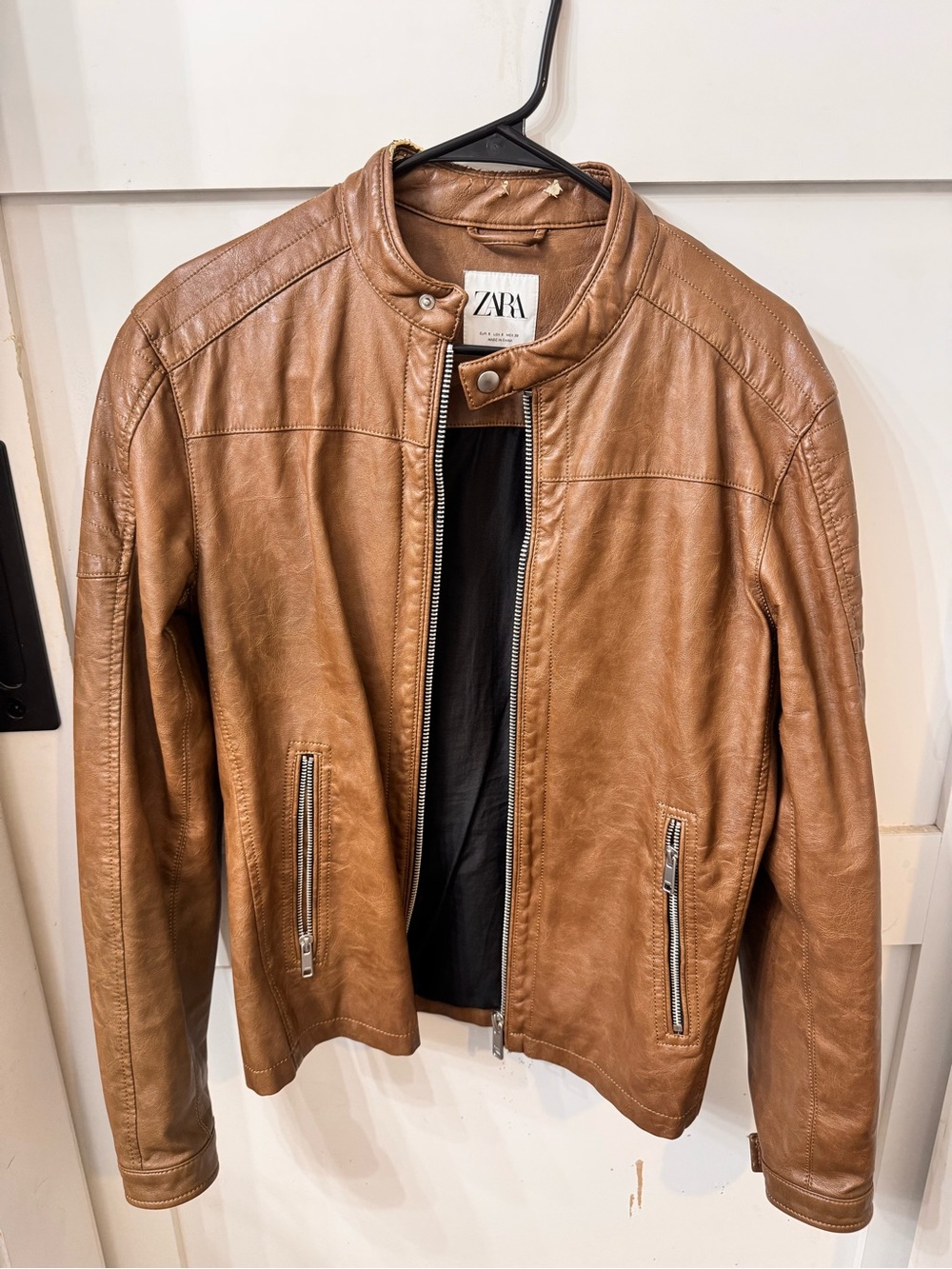 Zara Men's Cognac Brown Leather Bomber Jacket